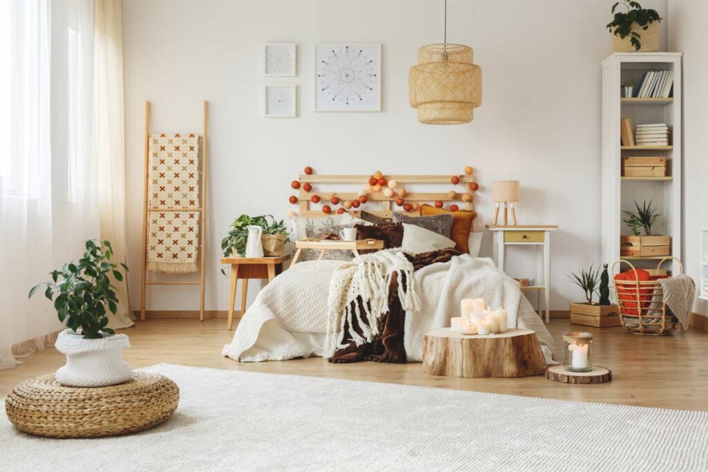 Sypialnia urządzona w stylu ekologicznym - widoczne są elementy z drewna i rośliny w sypialni